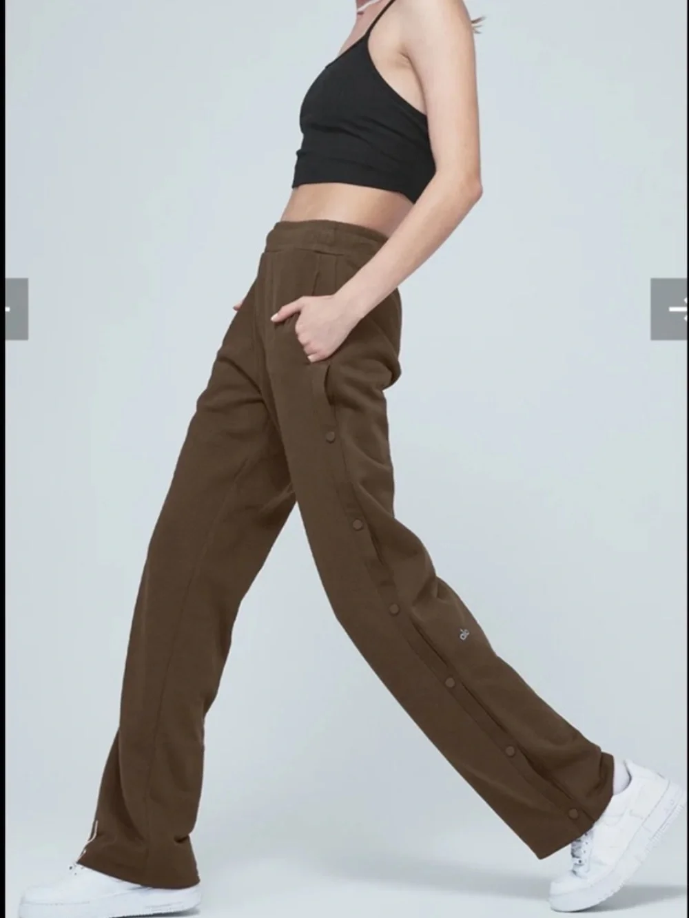Alo courtside tear away snap pants sweats sweat pants chocolate brown stripe XS